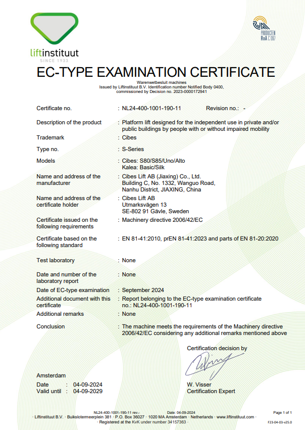 Giấy chứng nhận thẩm định kiểu EC (EC Type-Examination) theo tiêu chuẩn châu Âu (EN) 81-41 và EN 81-20 của thang máy gia đình 3 tầng Cibes Voyager V80 